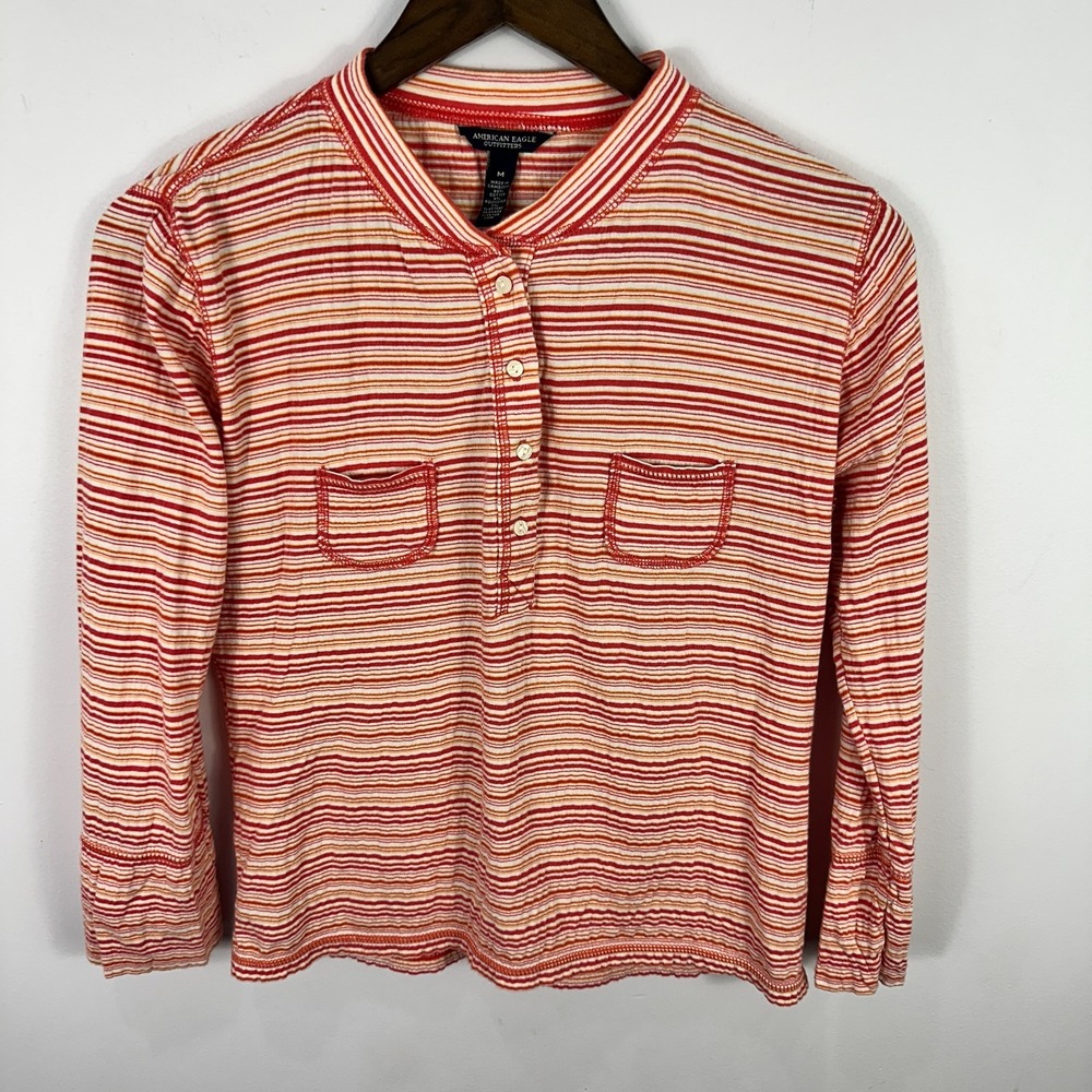 American Eagle Top M Red Striped Henley Cotton Preppy Soft Casual Preppy 90s Y2K